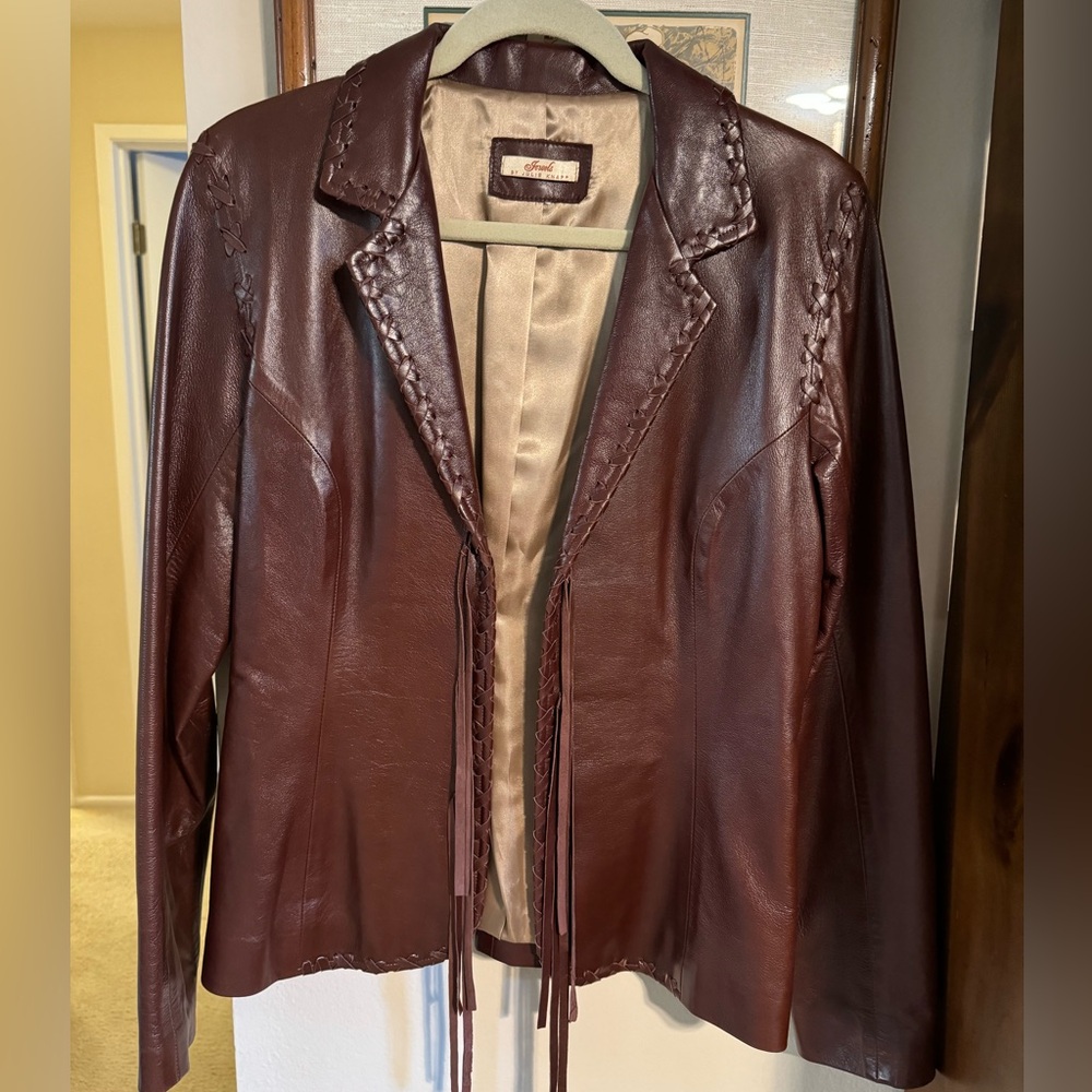 90s/00’s Gorgeous Leather Whipstitch Jacket - Brown - Fringe Detail - Size M
